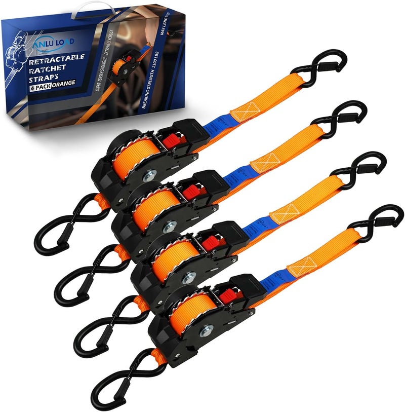 ANLU LOAD ANLULOAD Retractable Ratchet Strap(1 in x 9.8 ft),Ratchet Tie Down Strap for Motorcycles, Boats,Atvs,Utvs.W.L.L:700 Lbs/B.S:2,100 Lbs-(4Packs) (Orange) - Image 1